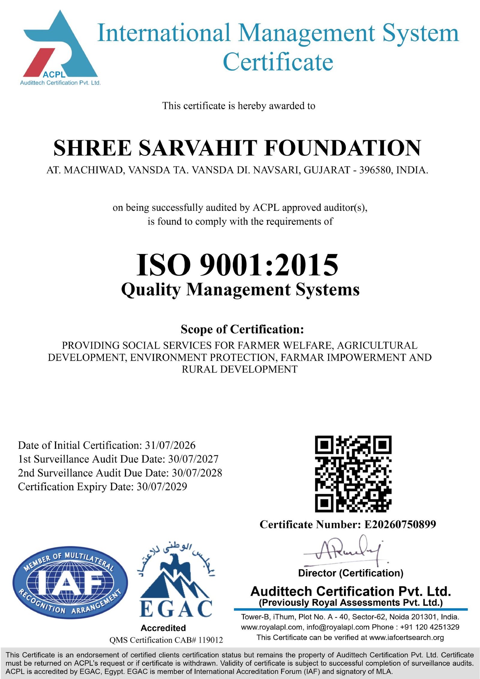 Shree Sarvahit Foundation ISO 9001:2015 Certificate
